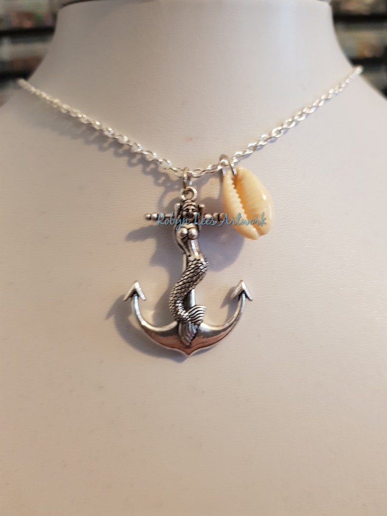 Nautical Silver Mermaid Anchor Pendant Necklace with a Small Real Seashell Shell on Silver Crossed Chain or Black Faux Suede Cord Sailor