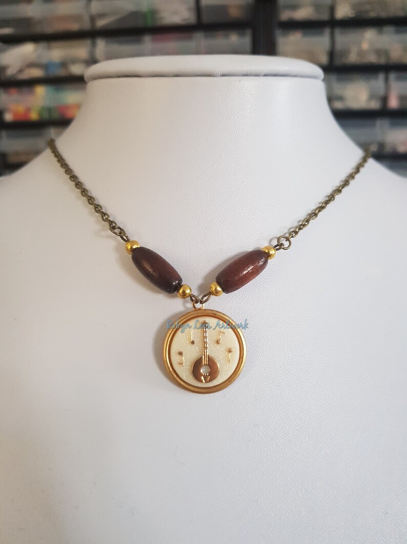 Wooden Beads and Gold Beads Porcelain /& Brass Banjo Ukelele Mandolin Cabochon Necklace on Bronze Crossed Chain Vintage 60s Cameo Cabochon