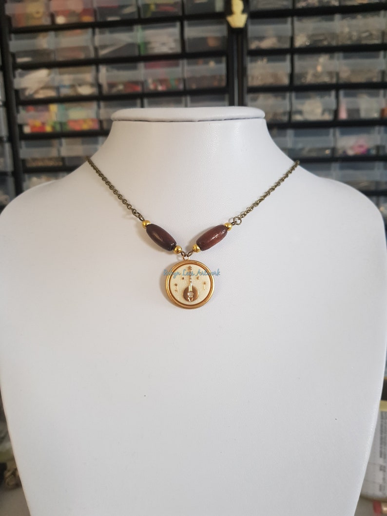 Wooden Beads and Gold Beads Porcelain /& Brass Banjo Ukelele Mandolin Cabochon Necklace on Bronze Crossed Chain Vintage 60s Cameo Cabochon