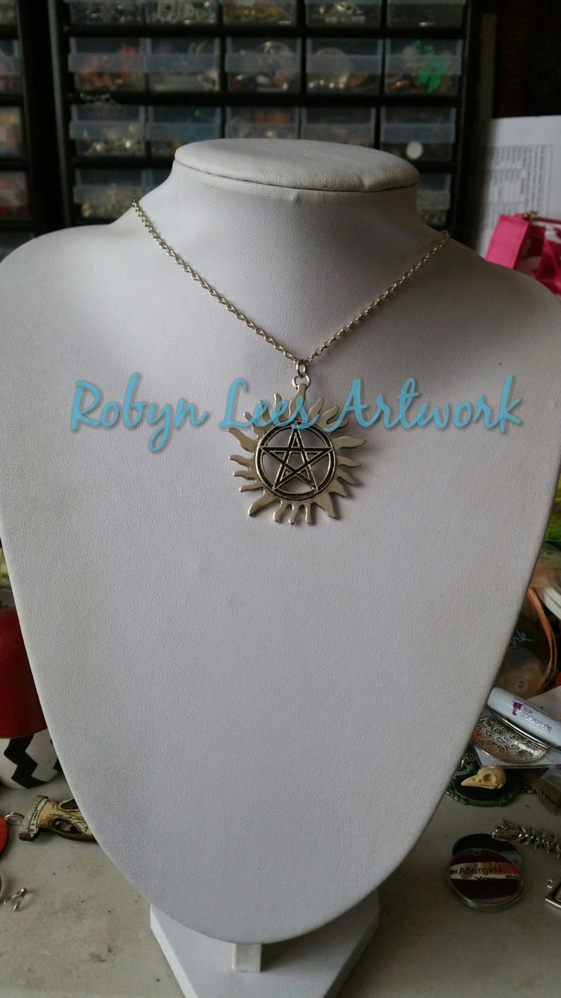 Costume Wiccan Pagan Large Silver Flaming Sun Pentagram Pentacle Necklace on Silver Crossed Chain or Black Faux Suede Cord Gothic