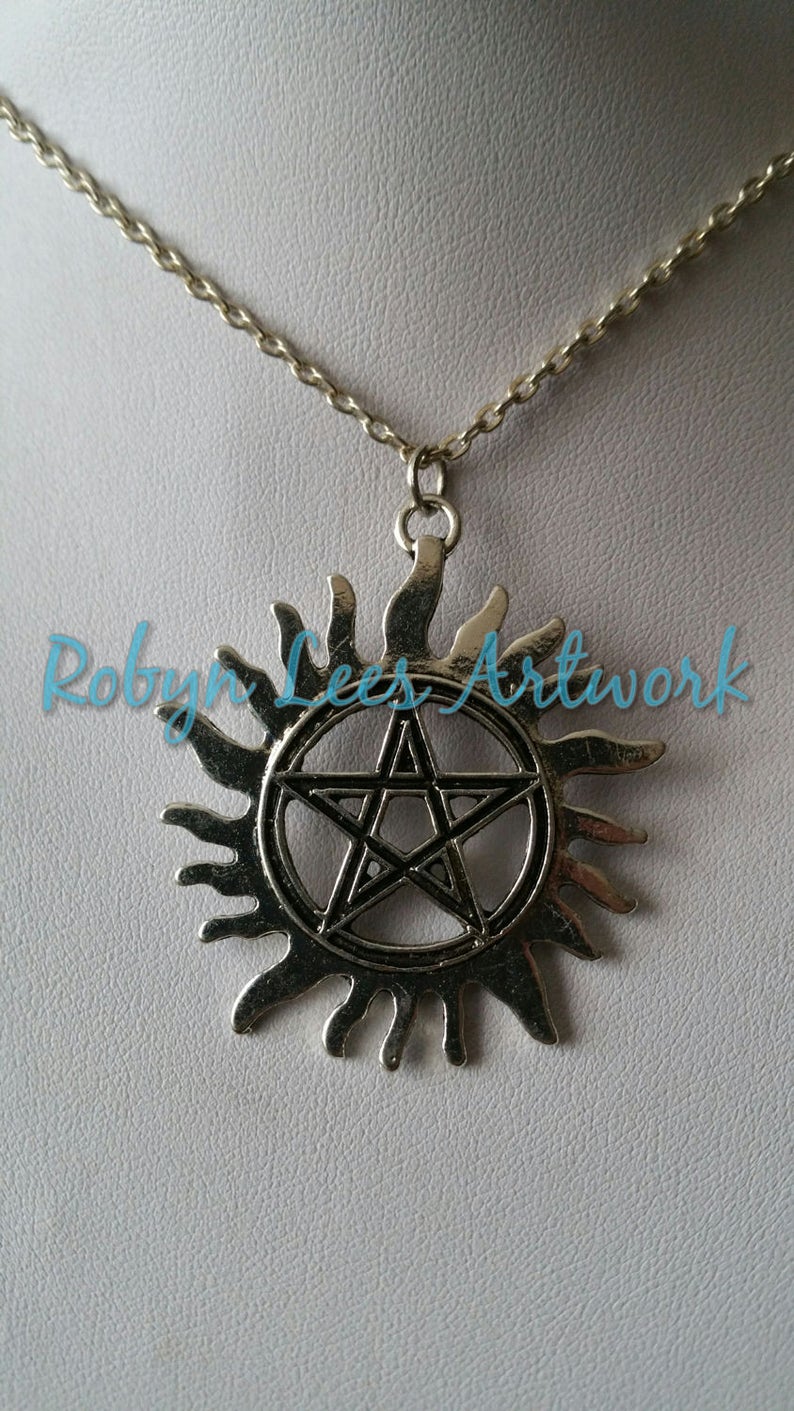 Costume Wiccan Pagan Large Silver Flaming Sun Pentagram Pentacle Necklace on Silver Crossed Chain or Black Faux Suede Cord Gothic