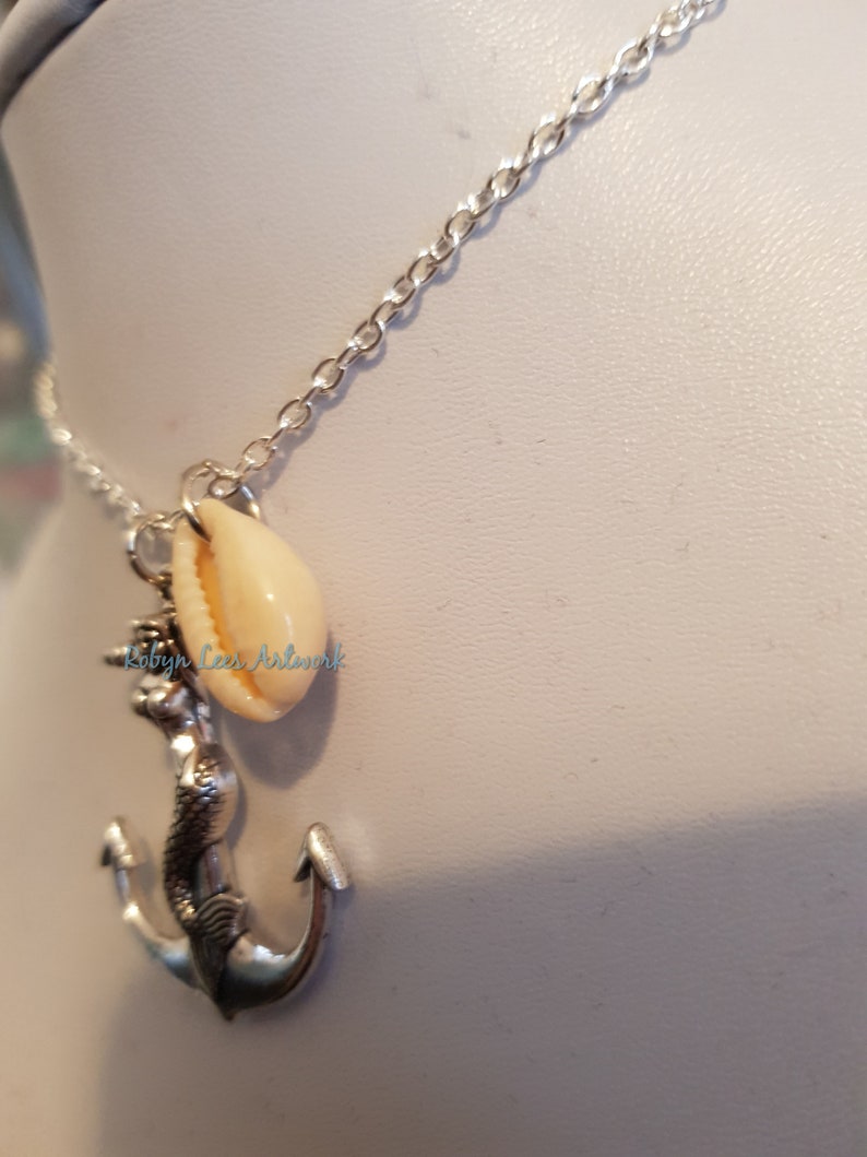 Nautical Silver Mermaid Anchor Pendant Necklace with a Small Real Seashell Shell on Silver Crossed Chain or Black Faux Suede Cord Sailor