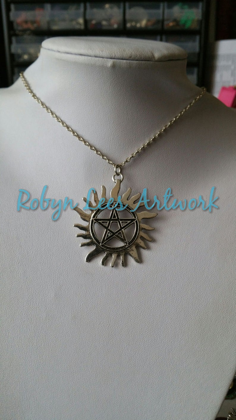 Costume Wiccan Pagan Large Silver Flaming Sun Pentagram Pentacle Necklace on Silver Crossed Chain or Black Faux Suede Cord Gothic