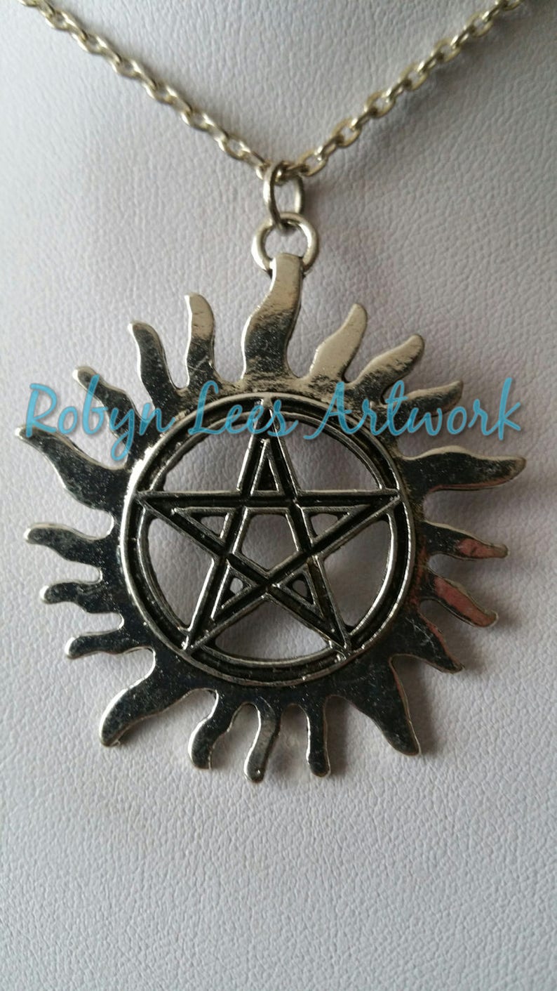 Costume Wiccan Pagan Large Silver Flaming Sun Pentagram Pentacle Necklace on Silver Crossed Chain or Black Faux Suede Cord Gothic