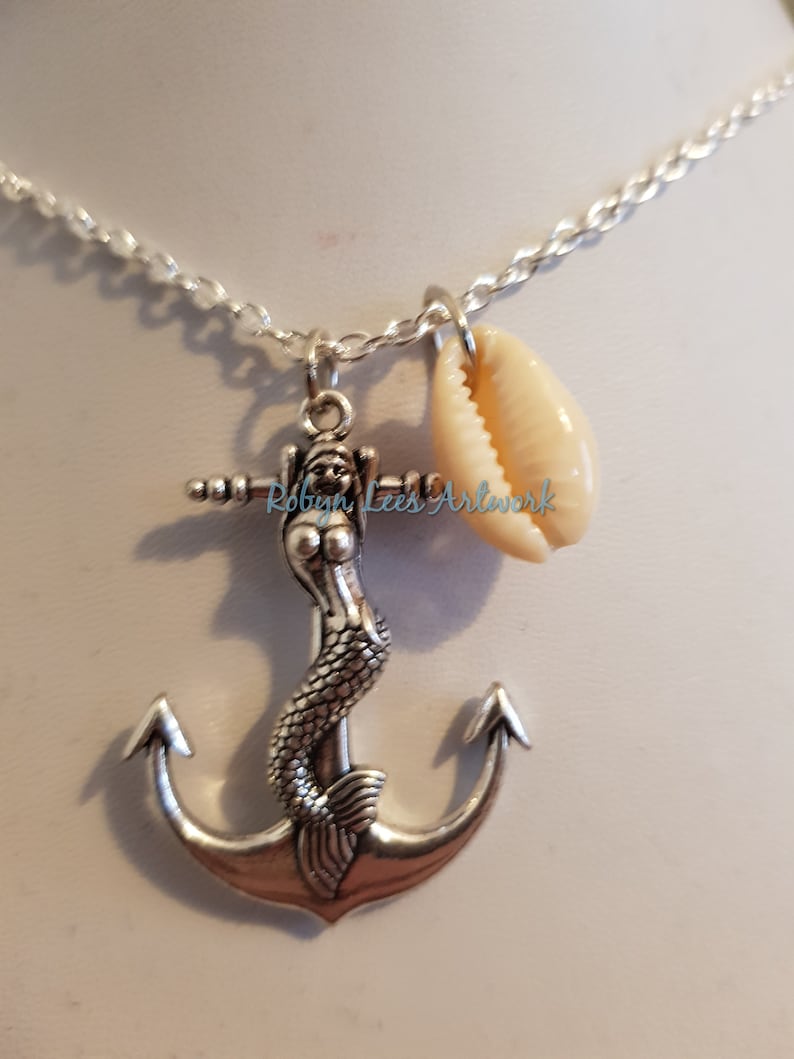 Nautical Silver Mermaid Anchor Pendant Necklace with a Small Real Seashell Shell on Silver Crossed Chain or Black Faux Suede Cord Sailor