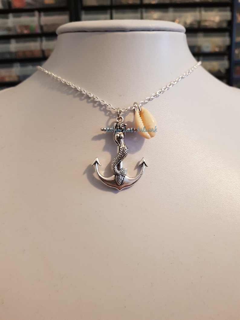 Nautical Silver Mermaid Anchor Pendant Necklace with a Small Real Seashell Shell on Silver Crossed Chain or Black Faux Suede Cord Sailor