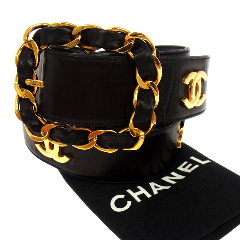 CHANEL Vintage CC Logo Gold Chain/Caviar Leather Black Belt | Etsy
