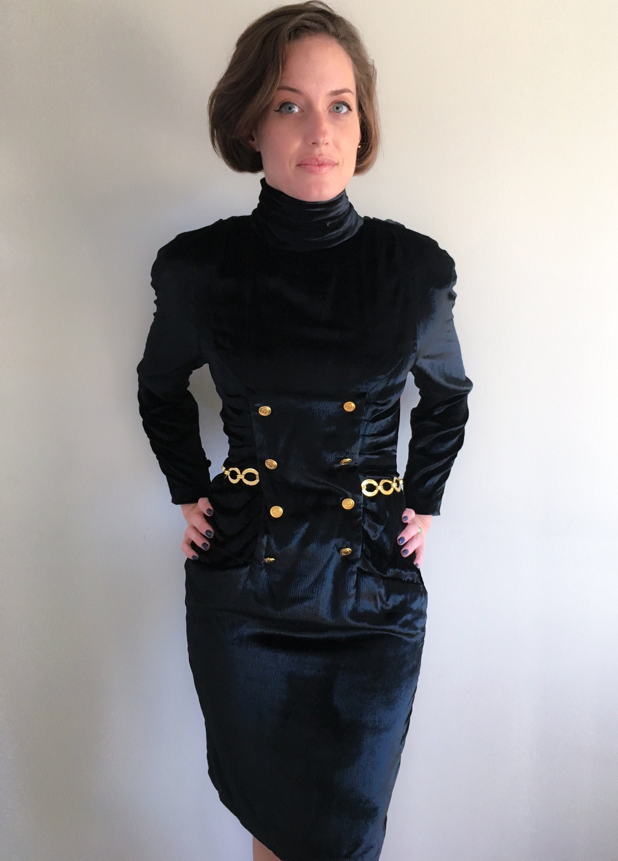 Vintage CHANEL Boutique Black Velvet Turtleneck Long Sleeve 