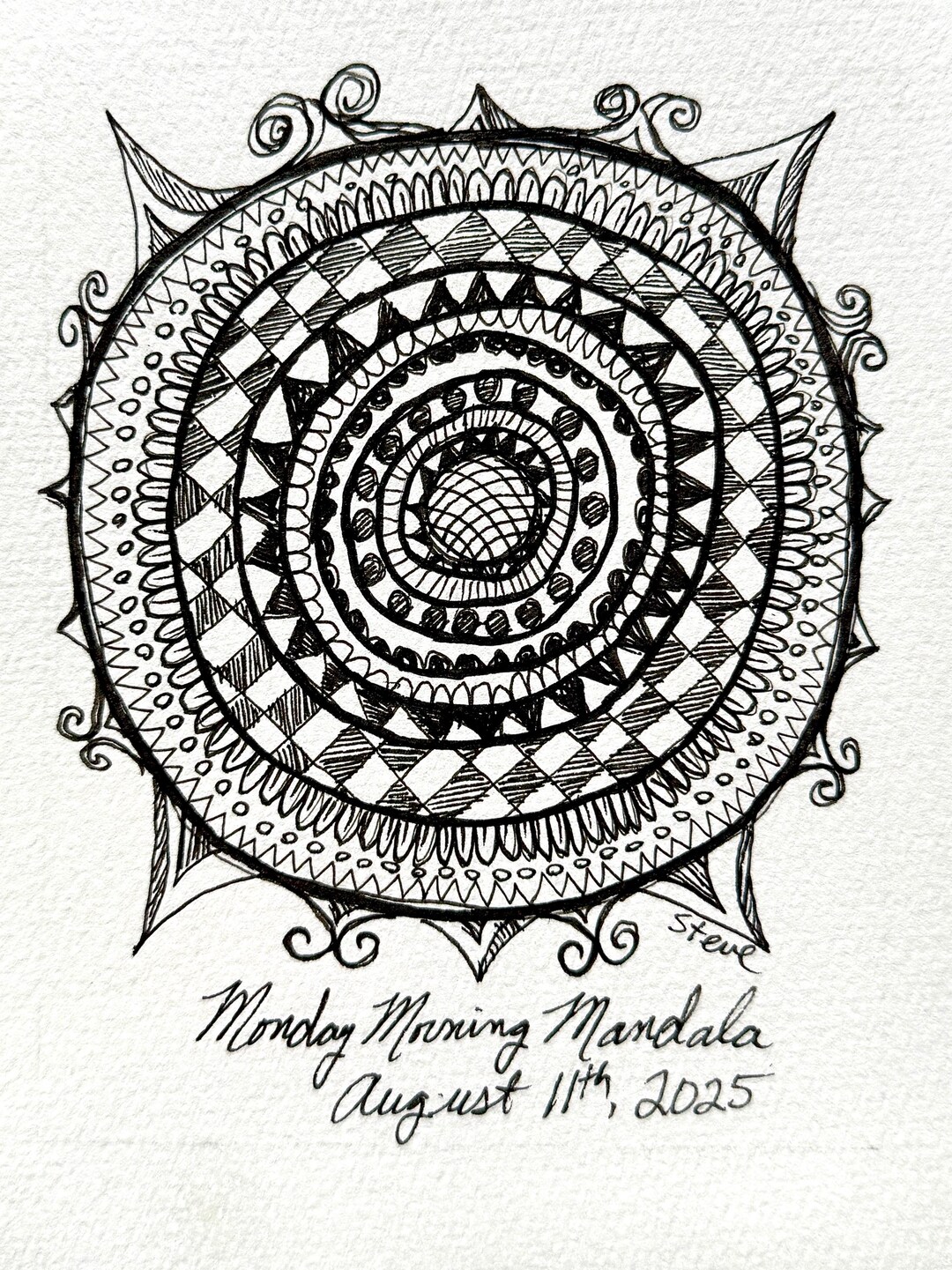 Original Mandala Drawing “monday Morning Mandala” 6x8 Pen and Ink
