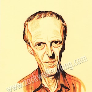 May include: A hand-drawn illustration of a person with a serious expression. The person has short, dark hair and is wearing a red shirt. The illustration is done in a cartoon style and has a yellow background.