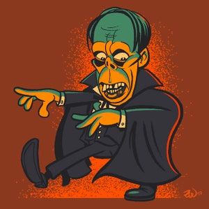 May include: A cartoon illustration of a green-faced monster wearing a black cape and a black suit. The monster has a wide open mouth with sharp teeth and is walking with one leg raised. The background is a brown color with orange speckles.