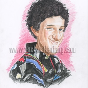 May include: A caricature drawing of a person with curly black hair, wearing a black and blue patterned jacket. The person is smiling and looking to the right. The background is a pink gradient.