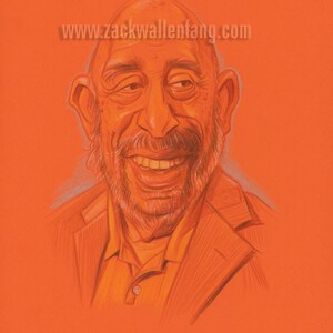 May include: An orange pencil sketch portrait of a smiling man with a beard and a collared shirt. The image includes the text "www.zackwallenfang.com" at the top.