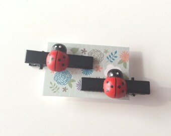 Ladybug hair clip x2 - Wooden ladybird on 30mm alligator clip - black 30mm alligator clip with red and black ladybug - Wooden ladybug clip