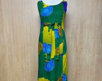 Vintage 70s Hawaiian Maxi Dress, Tahiti Imports Barkcloth Floral Wrap (S/M)