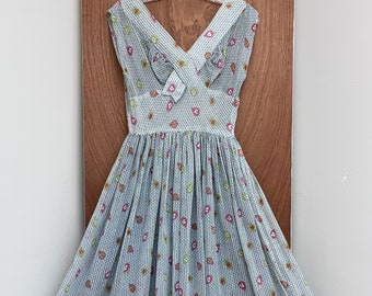 Vintage 1940s 50s Cotton Voile Dress Novelty Print Sheer Spring Summer Frock XS