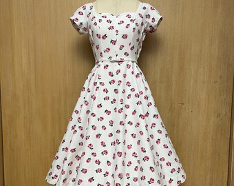 Vintage jaren '50 Jurk Pique Katoenen Jurk Swing Jurk Belted Jurk Zomer Zonnejurk Rose Print Jurk Sweetheart Jurk Fit N Flare Jurk S