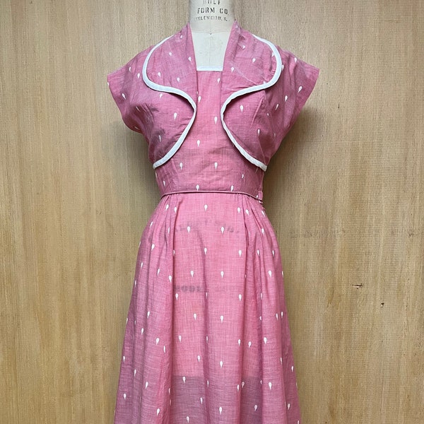 Vintage 1950s Carol King Pink Cotton Chambray Sun Dress Bolero Jacket Set Summer Sundress Fit N Flare Dress S