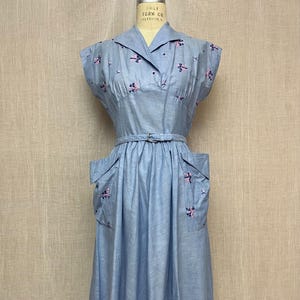 Vintage 40s 50s Cornflower Blue Chambray Cotton Day Dress Rockabilly S/M