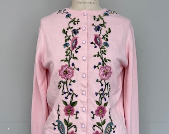 Vintage 1950s 60s Crewel Embroidered Cardigan Floral Cottagecore Prairie S/M