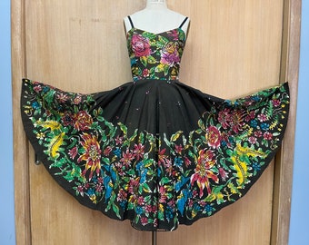 Vintage 1950s Mexican Dress Circle Skirt Border Print Dress 1940s Sundress Novelty Print Dress Vintage Souvenir Dress As-Is