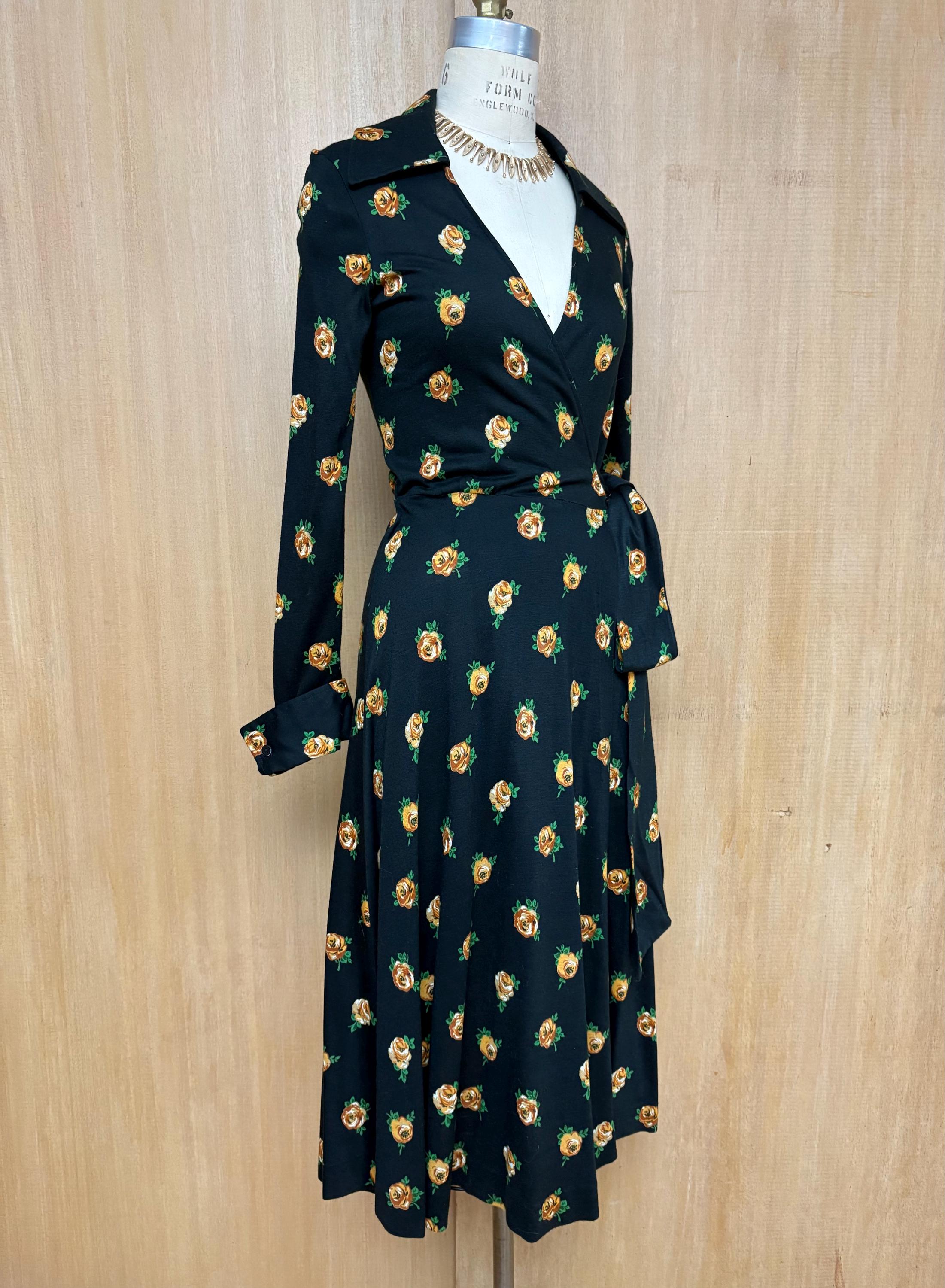 jersey wrap dress 70s Vintage 1970s Diane Von Furstenberg DVF Black Floral Jersey Wrap Dress S
