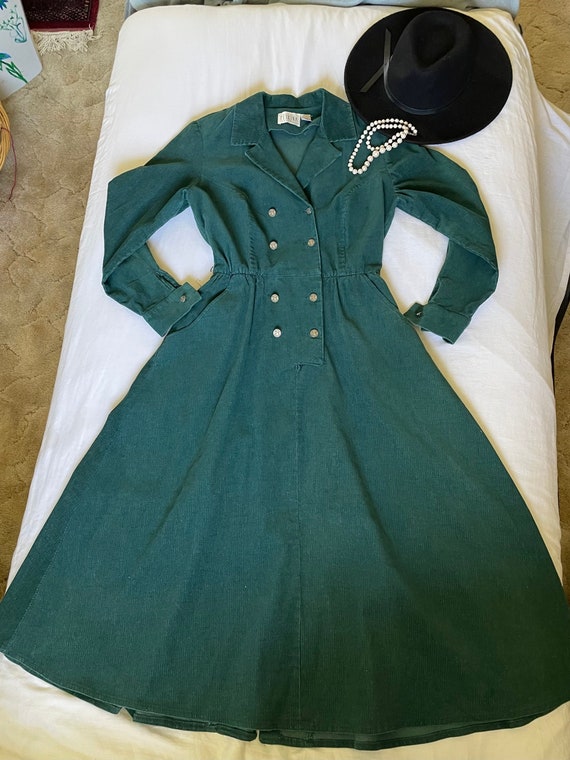 Forest Green Corduroy 1980's Full Length Dress, Pa