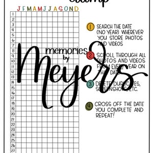 May include: A printable photo dump calendar with a black and white grid and the text "memories by Meyers" in a large, decorative font. The calendar is designed to help you organise and sort through your photos and videos by month.