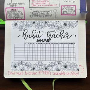 May include: A habit tracker journal spread with a floral border design. The title "habit tracker" is in elegant script, with the month of January below. Includes space for tracking habits and prompts for habit tracking. Text includes "List your habits here!" and "PDFs available on Etsy!"