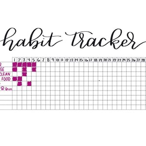 May include: A white habit tracker with the words "habit tracker" in cursive. The tracker includes a grid for 30 days and lists habits like "water" and "exercise." Some boxes are filled in with purple.