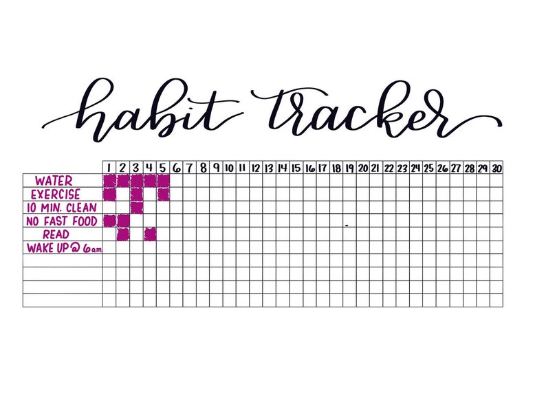 May include: A white habit tracker with the words "habit tracker" in cursive. The tracker includes a grid for 30 days and lists habits like "water" and "exercise." Some boxes are filled in with purple.