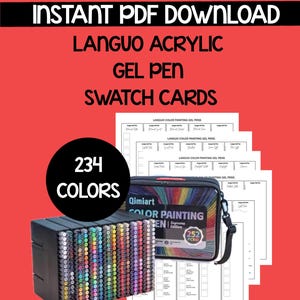May include: A set of Languo acrylic gel pens with 234 colors, a carrying case, and swatch cards. The image includes the text "Instant PDF Download" and "Languo Acrylic Gel Pen Swatch Cards."