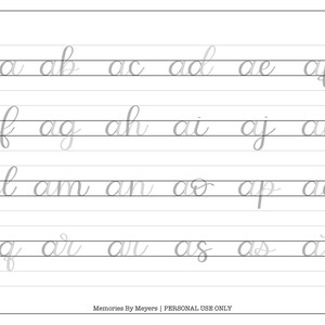 K&ouml;nnte beinhalten: Ein wei&szlig;es Blatt mit Schreib&uuml;bungen in Kursivschrift in hellgrauer Tinte. Das Blatt hat horizontale Linien und enth&auml;lt Buchstabenkombinationen wie "aa", "ab" und "ac". Der Text am unteren Rand lautet "Memories By Meyers | PERSONAL USE ONLY".