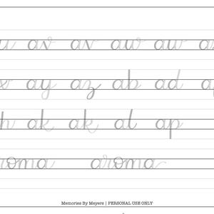 K&ouml;nnte beinhalten: Ein wei&szlig;es Blatt Papier mit hellgrauen Schreib&uuml;bungen in Kursivschrift. Die W&ouml;rter und Buchstabenkombinationen umfassen "au", "ar", "an", "aw", "ax", "ay", "az", "ab", "ad", "of", "ah", "ak", "al", "ap" und das Wort "aroma".