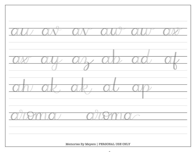 K&ouml;nnte beinhalten: Ein wei&szlig;es Blatt Papier mit hellgrauen Schreib&uuml;bungen in Kursivschrift. Die W&ouml;rter und Buchstabenkombinationen umfassen "au", "ar", "an", "aw", "ax", "ay", "az", "ab", "ad", "of", "ah", "ak", "al", "ap" und das Wort "aroma".