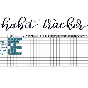 May include: A white habit tracker with the words "habit tracker" in cursive script. The tracker includes a grid for a 31-day month, with habit categories like "water" and "go to gym." Some boxes are filled in with teal.