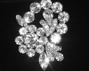 Vintage Eisenberg Clear Rhinestone Brooch, Wreath or Flower Design, 1950's era