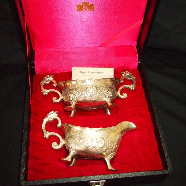 Vintage Ornate Gargoyle Demitasse Silver Plated Cream and Sugar Set, Corbell & Co, Regal Reproductions, Original Box, Paperwork