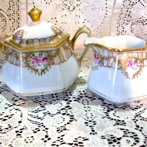 Antique Nippon Porcelain Cream and Sugar Set: Gold Gilding, Roses