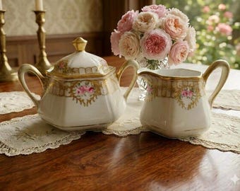 Antique Nippon Porcelain Lidded Cream and Sugar Set: Gold Gilding, Roses