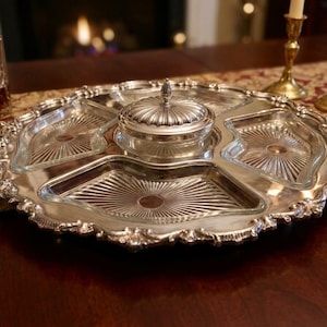 Vintage 17" Silver-Plated Lazy Susan Serving Set – Ornate Rotating Holiday Tray with Pressed Glass Inserts and Lidded Center Bowl