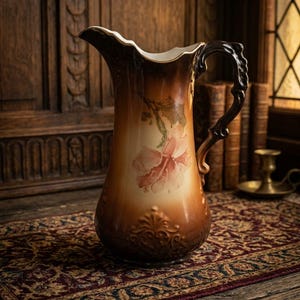 May include: A ceramic pitcher featuring a gradient brown finish that transitions to a lighter cream center. The body is decorated with a painted pink floral motif and embossed scrollwork at the base. It has a curved handle and a wide, scalloped spout.