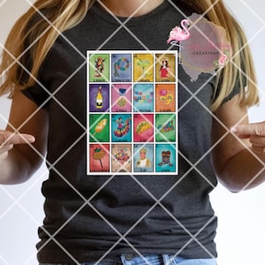 May include: A colorful Loteria card game set with 16 cards featuring various images, including a bottle of beer, a crown of thorns, a margarita, a queen, a taco, a sombrero, a cowboy boot, and more. The cards are arranged in a grid pattern.