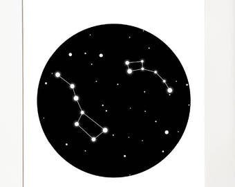 Big Little Dipper Ursa Major Minor Circle Constellation Stars Outer Space Modern Simple Clean Black White Printable Print Instant Download