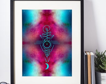Sacred Geometry Unalome Zen Enlightenment Spiritual Symbol Yoga Buddhist Space Stars Galaxy Universe Outer Space Print Instant Download