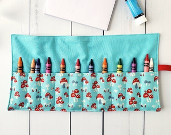 Crayon Holder - Marker Roll Up Wallet - Kid's Craft Carrier - Party Favour - Travel Colouring - Personalized Child's Gift - Mice & Mushrooms