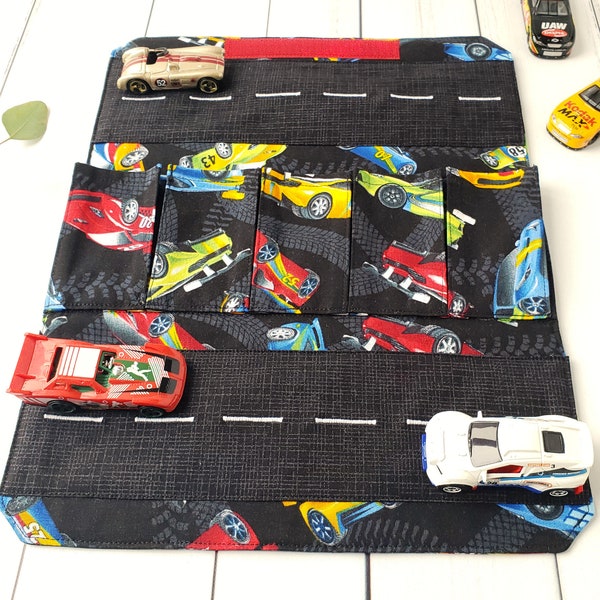 Race Car Toy Carrier - Fabric Wallet for Small Toy Cars - Personalised Gift for Boy/Child - Fold Up Car Carrier - Travel Road Play Mat