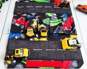 Construction Toy Carrier - Fabric Wallet for Small Toy Cars - Personalised Gift for Boy/Child - Fold Up Car Carrier - Travel Road Play Mat