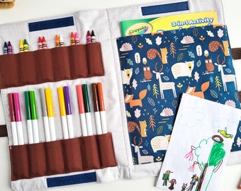 Crayon Colouring Book Bag - Child's Travel Activity Case - Marker Fold Up Tote Bag - Art Craft Kit - Birthday Gift - Navy Woodland Animal