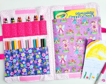 Crayon Colouring Book Case - Travel Activity Carrier - Marker Fold Up Tote Bag - Art Craft Kit - Fairies - Girl's Birthday Gift - Quiet Play